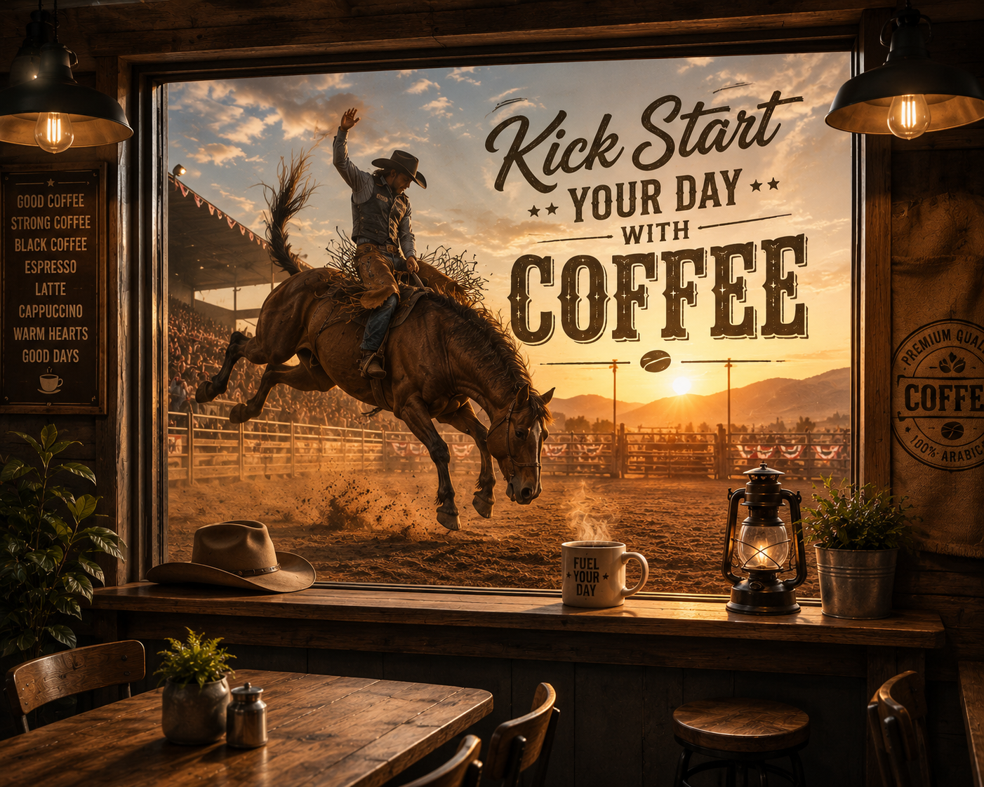 The Botanica — 'Kick Start Your Day With Coffee' rodeo window mural