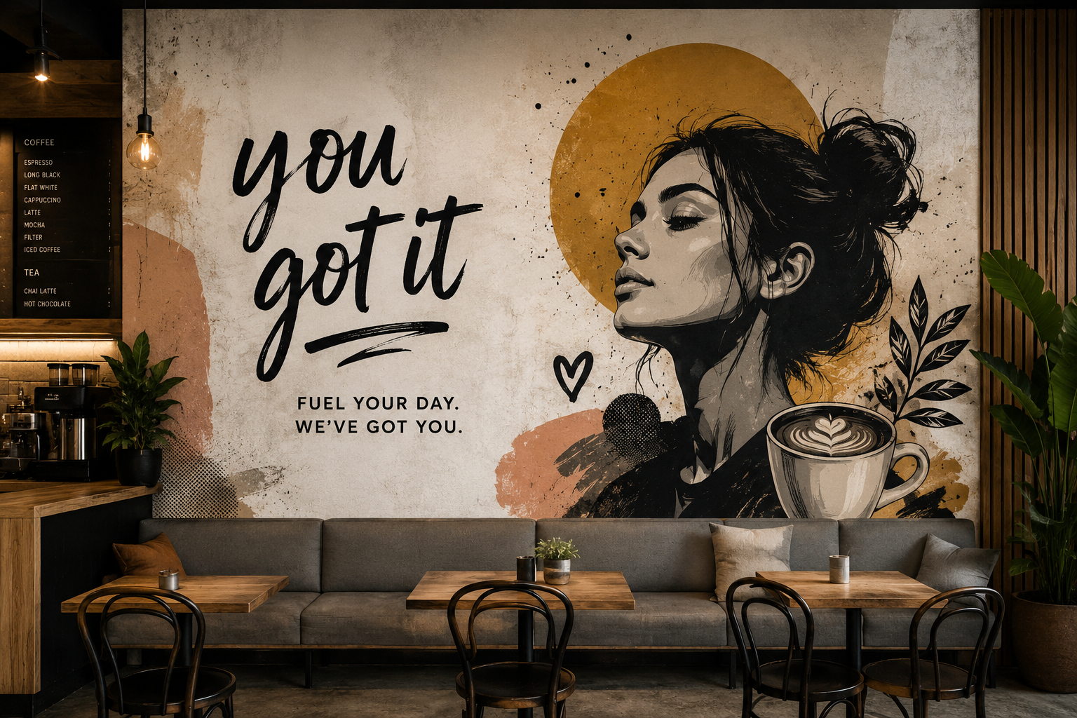 The Botanica — 'You Got It' hand-lettered café mural with espresso portrait
