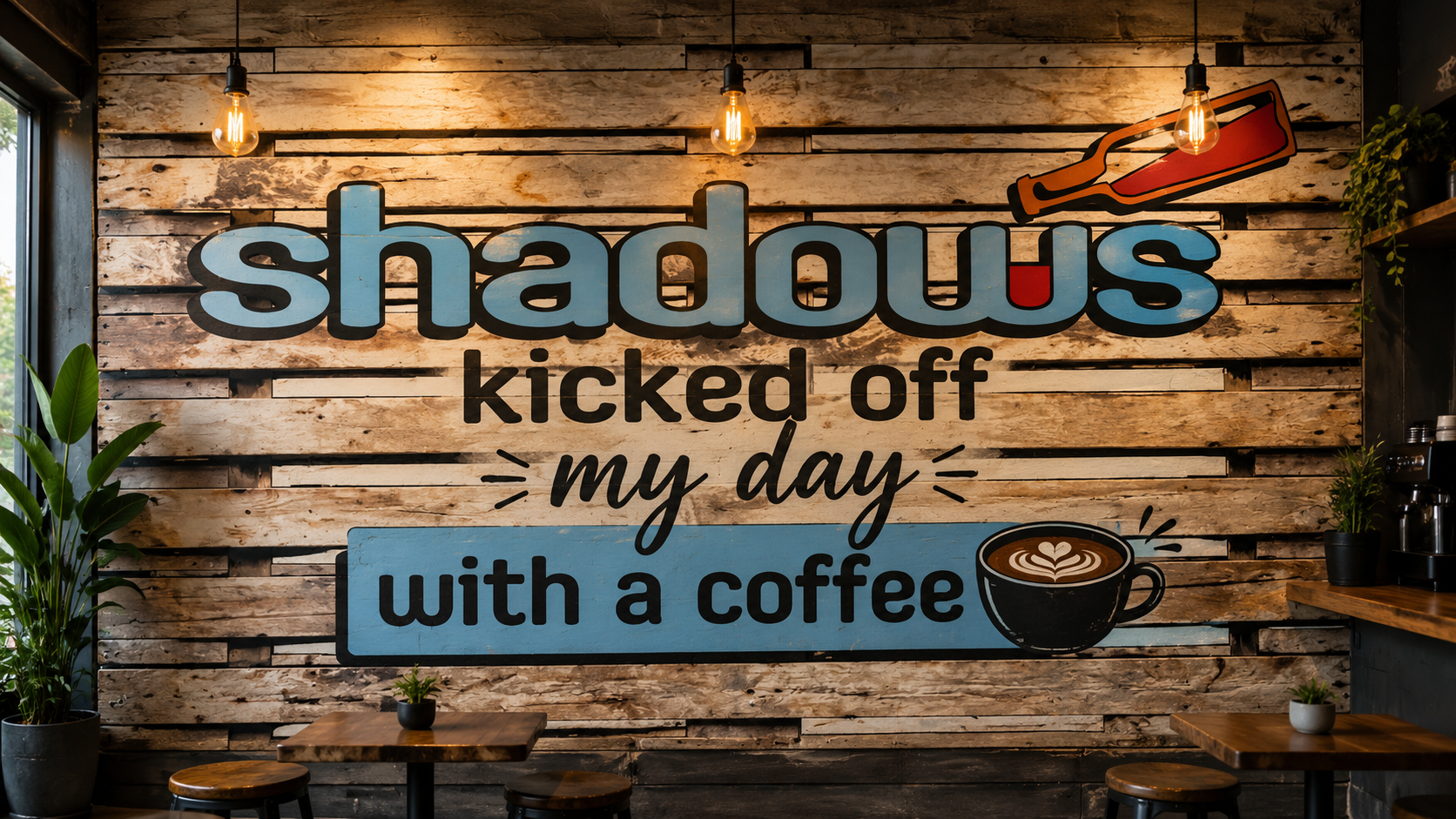 The Botanica — 'Shadows Kicked Off My Day With a Coffee' rustic timber café mural